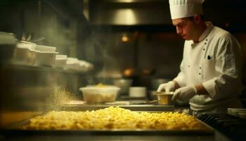 One man, busy preparing gourmet meal in commercial kitchen generated by AI photo