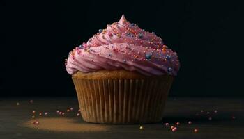 A colorful homemade cupcake with strawberry icing for a birthday celebration generated by AI photo