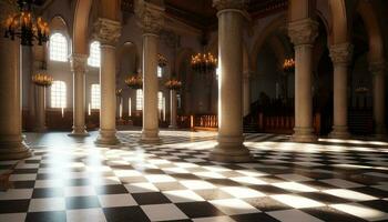 majestuoso catedral con iluminado arcos y antiguo Roca columnas generado por ai foto