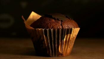 Indulgent chocolate chip muffin on rustic wood plate, tempting indulgence generated by AI photo