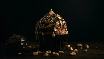 Homemade chocolate cupcake with creamy icing on rustic wooden table generated by AI photo