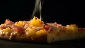 A la parrilla Pizza rebanada con Derretido queso Mozzarella y salami en plato generado por ai foto