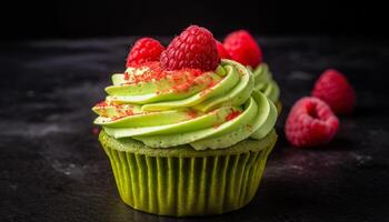 Freshly baked gourmet cupcakes with raspberry and strawberry icing decoration generated by AI photo