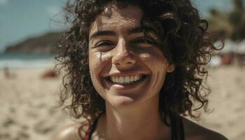 uno mujer sonriente en el al aire libre, disfrutando verano vacaciones generado por ai foto