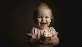 Cute baby girl smiling while eating sweet cupcake indoors generated by AI photo