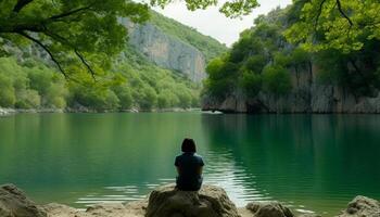 One person meditating, standing on rock, reflecting on serene nature generated by AI photo