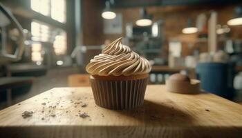 Homemade gourmet cupcake with chocolate icing on rustic wooden table generated by AI photo