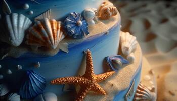 Tropical seashell collection, starfish and fish decoration on blue plate generated by AI photo