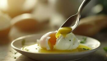 Organic boiled egg on yellow plate, a healthy protein meal generated by AI photo