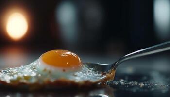 Freshly cooked fried egg on a metal spoon, healthy protein meal generated by AI photo