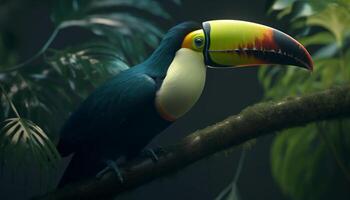 Vibrant toucan perching on branch in tropical rainforest environment generated by AI photo