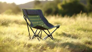 Comfortable armchair in tranquil meadow, surrounded by nature growth generated by AI photo