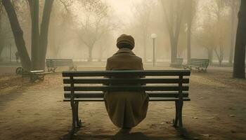 soledad en naturaleza uno hombre sentado en banco, disfrutando tranquilidad generado por ai foto