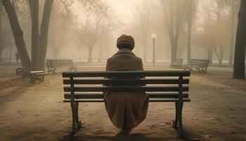 Solitude in Nature One Man Sitting on Bench, Enjoying Tranquility generated by AI photo