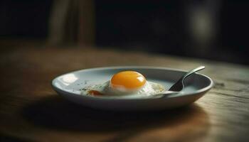 Healthy gourmet meal Fresh organic fried egg on rustic wood plate generated by AI photo