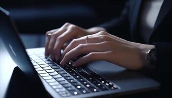 Modern businesswoman typing on laptop at desk in dark office generated by AI photo