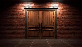 Old rusty door with weathered brick wall in ancient building generated by AI photo