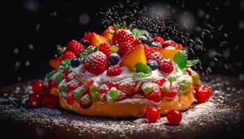 A homemade berry tart with raspberry, blueberry, and strawberry decoration generated by AI photo