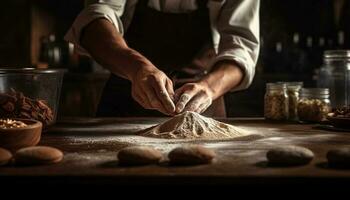 uno hombre preparando hecho en casa horneado Pastelería articulo en Doméstico cocina generado por ai foto