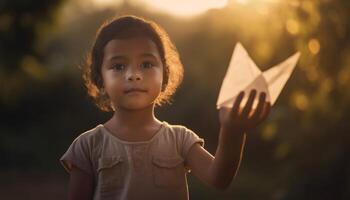 Cute boy playing with an origami ship, enjoying nature beauty generated by AI photo