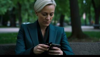 mujer de negocios mensajes de texto en inteligente teléfono, sentado al aire libre en ciudad naturaleza generado por ai foto