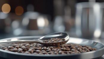 Freshly brewed cappuccino on metal saucer, selective focus on foreground generated by AI photo