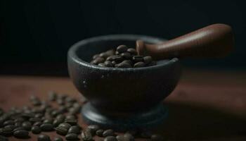 recién suelo orgánico café frijoles en un oscuro de madera cuchara generado por ai foto