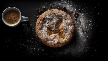 Freshly baked homemade chocolate cookies on rustic wooden table generated by AI photo