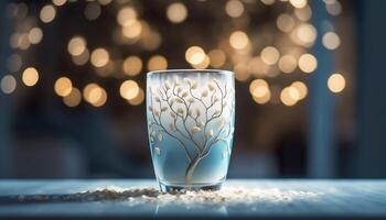 Shiny glass of liquid on table, illuminated in defocused background generated by AI photo