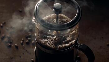 Freshly brewed coffee in a metallic mug, ready for a sip generated by AI photo