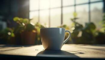 un Fresco café taza en un de madera mesa por el ventana generado por ai foto