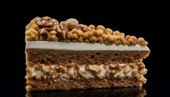 Indulgent homemade chocolate cake with fudge, almond, and caramel layers generated by AI photo
