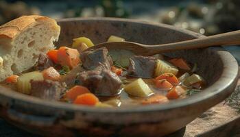 Freshly prepared beef stew with grilled vegetables on rustic plate generated by AI photo