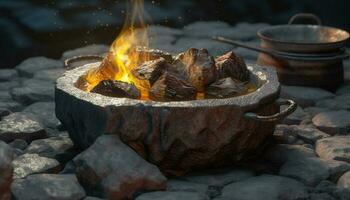 Glowing campfire burning wood, cooking food outdoors in summer heat generated by AI photo