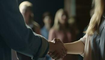 Successful business team of men and women shaking hands indoors generated by AI photo