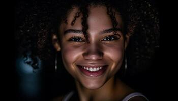 hermosa joven africano mujer con Rizado pelo sonriente a cámara generado por ai foto