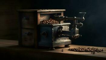 recién suelo café frijoles en antiguo de madera café amoladora generado por ai foto