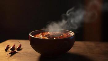 sano humeante sopa en gastrónomo cuenco con Fresco Cerdo carne generado por ai foto