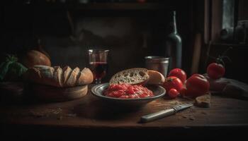 Rustic homemade meal with fresh organic vegetables and ciabatta bread generated by AI photo