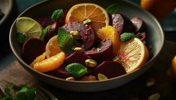 Organic fruit bowl with juicy citrus slices and refreshing mint generated by AI photo
