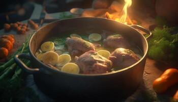 Grilled meat and vegetables cooked over an open flame outdoors generated by AI photo