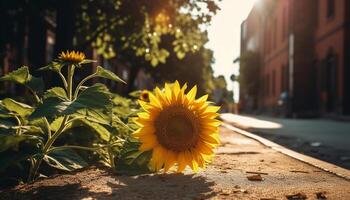 Vibrant sunflower blossom in meadow, close up of yellow petal generated by AI photo