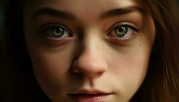 linda joven niña curioso a cámara con grave marrón ojos generado por ai foto
