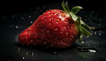 Juicy strawberry slice, ripe and fresh, splashing in liquid refreshment generated by AI photo