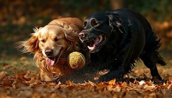 linda de pura raza cachorros jugando al aire libre en otoño naturaleza, teniendo divertido generado por ai foto