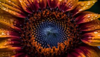 Vibrant sunflower blossom, dew drops on petals, bee collecting pollen generated by AI photo