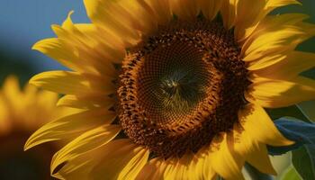 Vibrant sunflower blossom in nature meadow, attracting honey bee generated by AI photo