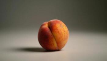 Juicy peach slice on white table, a refreshing summer snack generated by AI photo