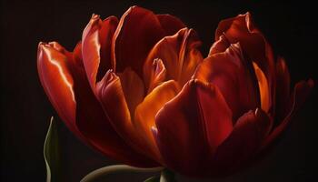 Vibrant tulip blossom, single flower, close up on yellow petal generated by AI photo