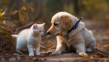 Golden retriever and kitten playing in autumn grass, purebred friendship generated by AI photo